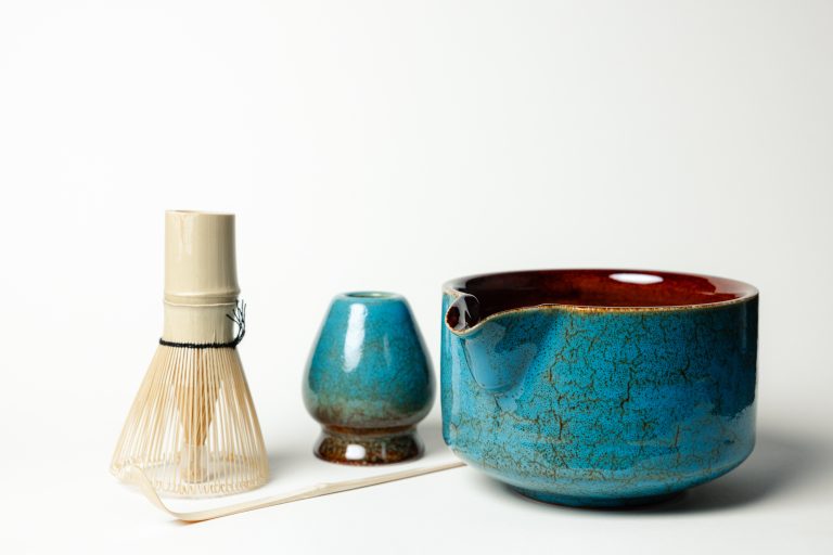 Complete blue crackle glaze matcha set with katakuchi bowl, chasen, and holder
