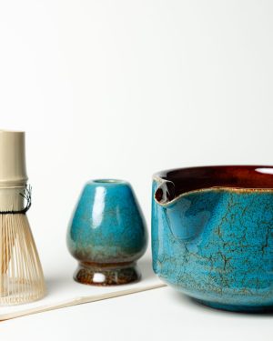 Complete blue crackle glaze matcha set with katakuchi bowl, chasen, and holder
